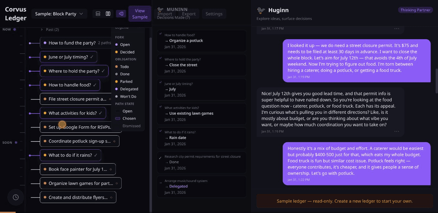 Corvus Ledger — chat sidebar, timeline, and decision log